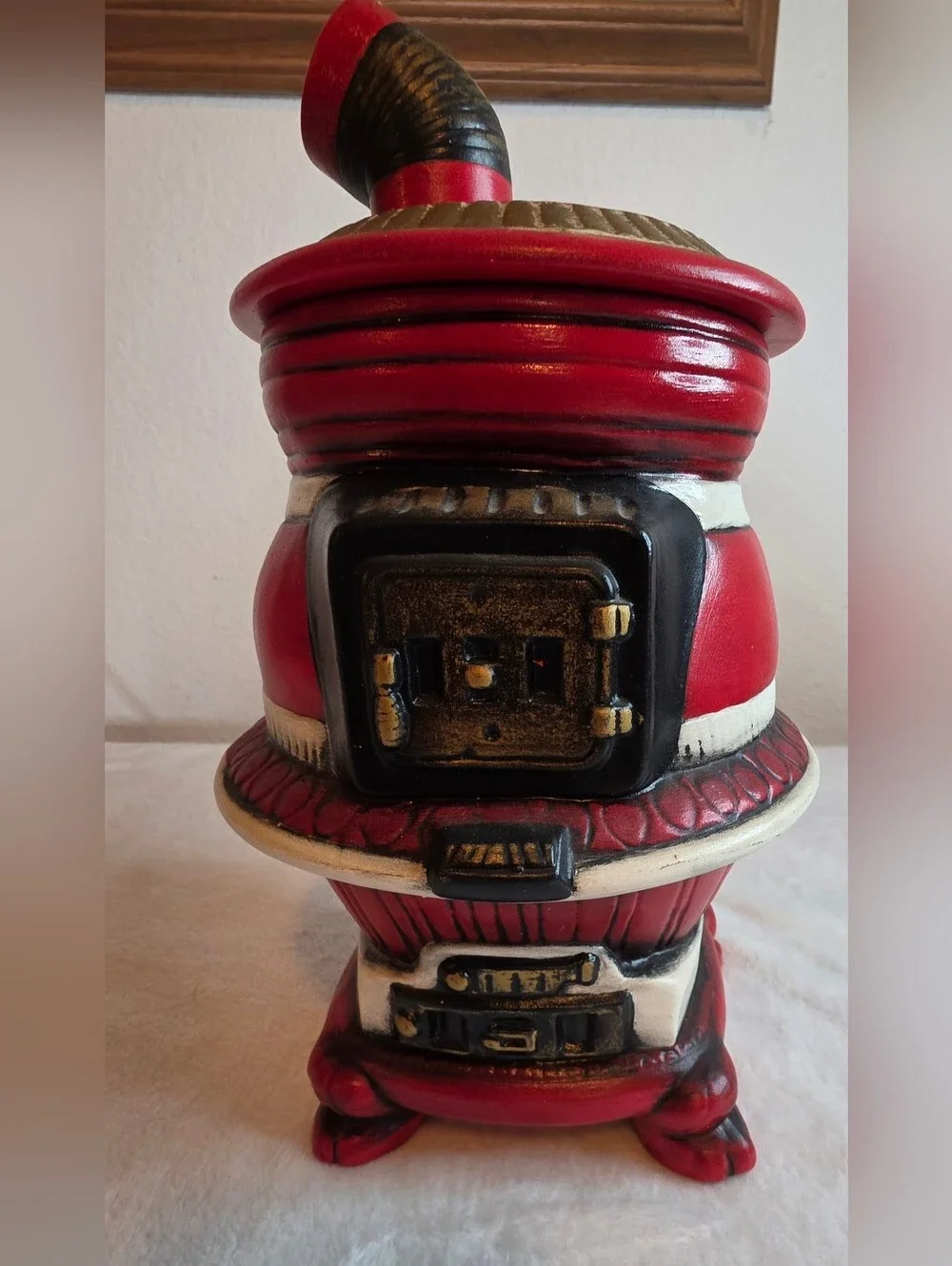 Vintage Hand-Painted Ceramic Pot Belly Stove Cookie Jar with Lid